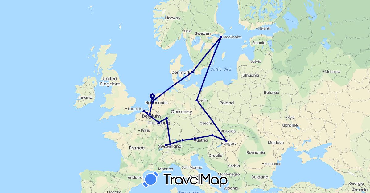 TravelMap itinerary: driving in Austria, Belgium, Switzerland, Germany, Denmark, Hungary, Luxembourg, Netherlands, Sweden (Europe)
