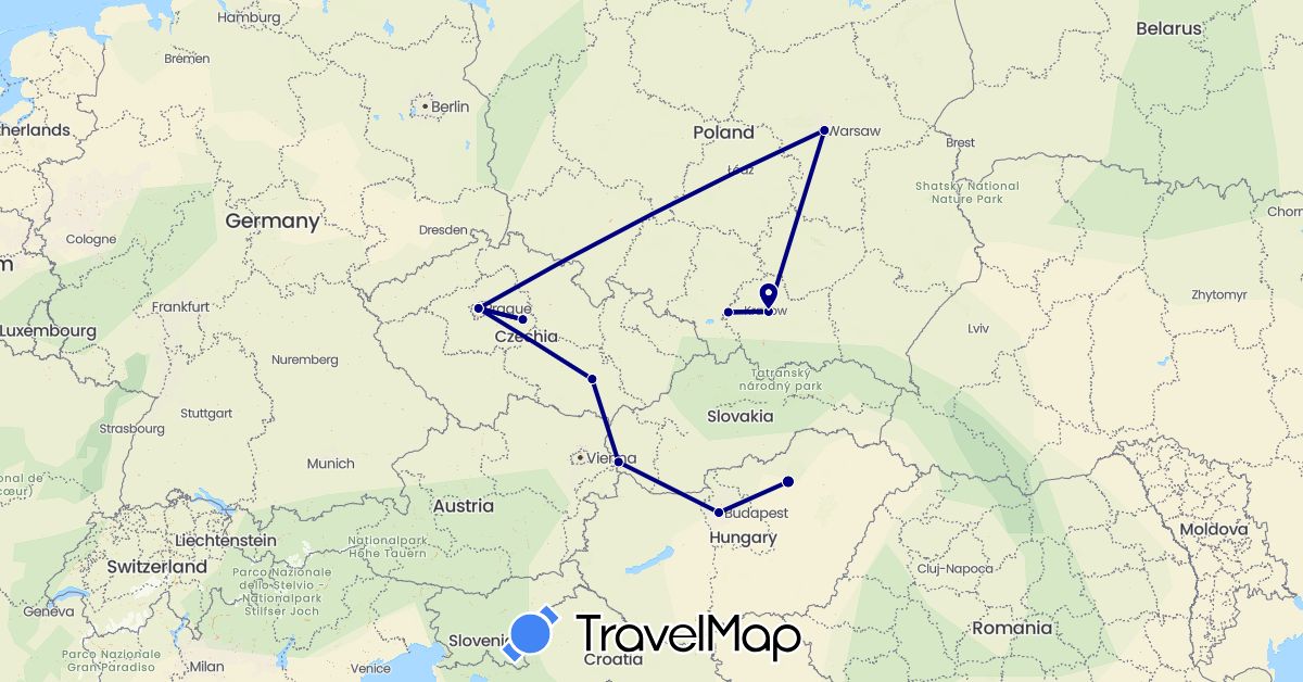 TravelMap itinerary: driving in Czech Republic, Hungary, Poland, Slovakia (Europe)